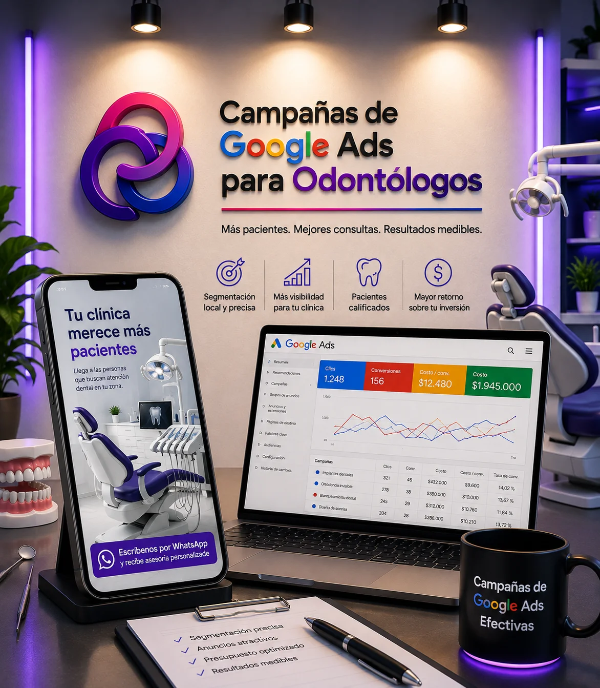 Campañas de Google Ads para odontólogos con estrategia de conversión, panel de Google Ads, sitio web y versión móvil para captar nuevos pacientes