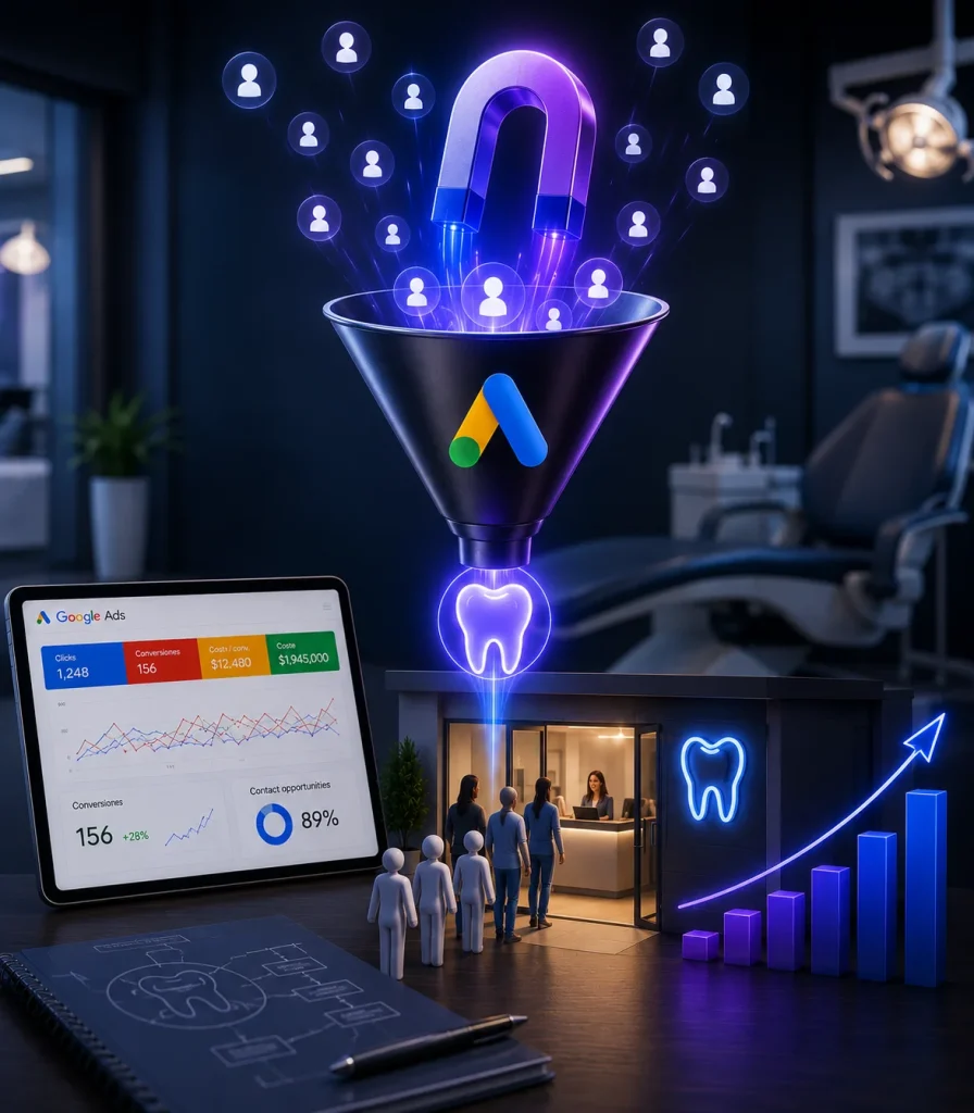 Concepto visual de campañas de Google Ads para odontólogos administradas por CDI, mostrando la captación de pacientes potenciales, optimización de campañas, análisis de resultados y crecimiento de consultas odontológicas mediante estrategias de Marketing Digital.