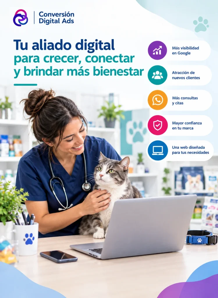 Profesional veterinario con un gato junto a un computador, representando una página web para veterinarias y negocios de mascotas orientada a atraer clientes, generar consultas y fortalecer la confianza.