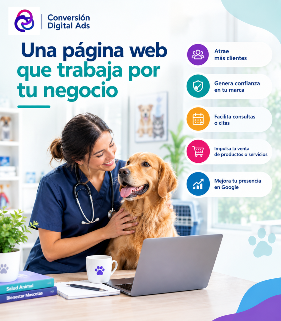 Veterinaria atendiendo a un perro junto a un computador portátil, como representación de una página web profesional que ayuda a atraer clientes, generar consultas y fortalecer la presencia digital de negocios de mascotas.