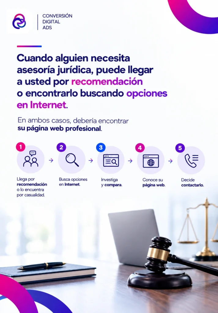 Proceso de decisión de un potencial cliente que busca asesoría jurídica y encuentra la página web profesional de un abogado