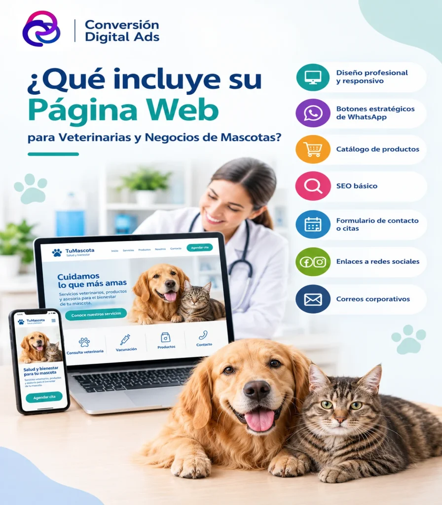 Infografía sobre los elementos incluidos en una página web para veterinarias y negocios de mascotas, como diseño responsive, botones de WhatsApp, catálogo de productos, SEO básico, formularios de contacto, redes sociales y correos corporativos.