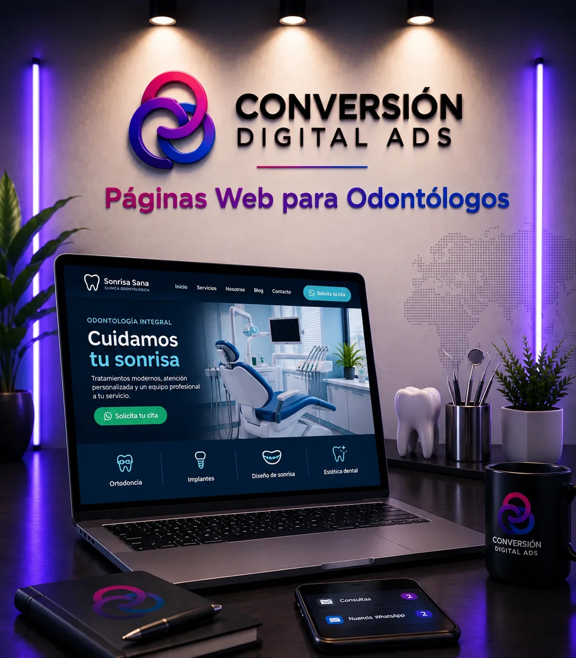 Diseño web para odontólogos y clínicas odontológicas con presentación de tratamientos y solicitud de citas por WhatsApp.