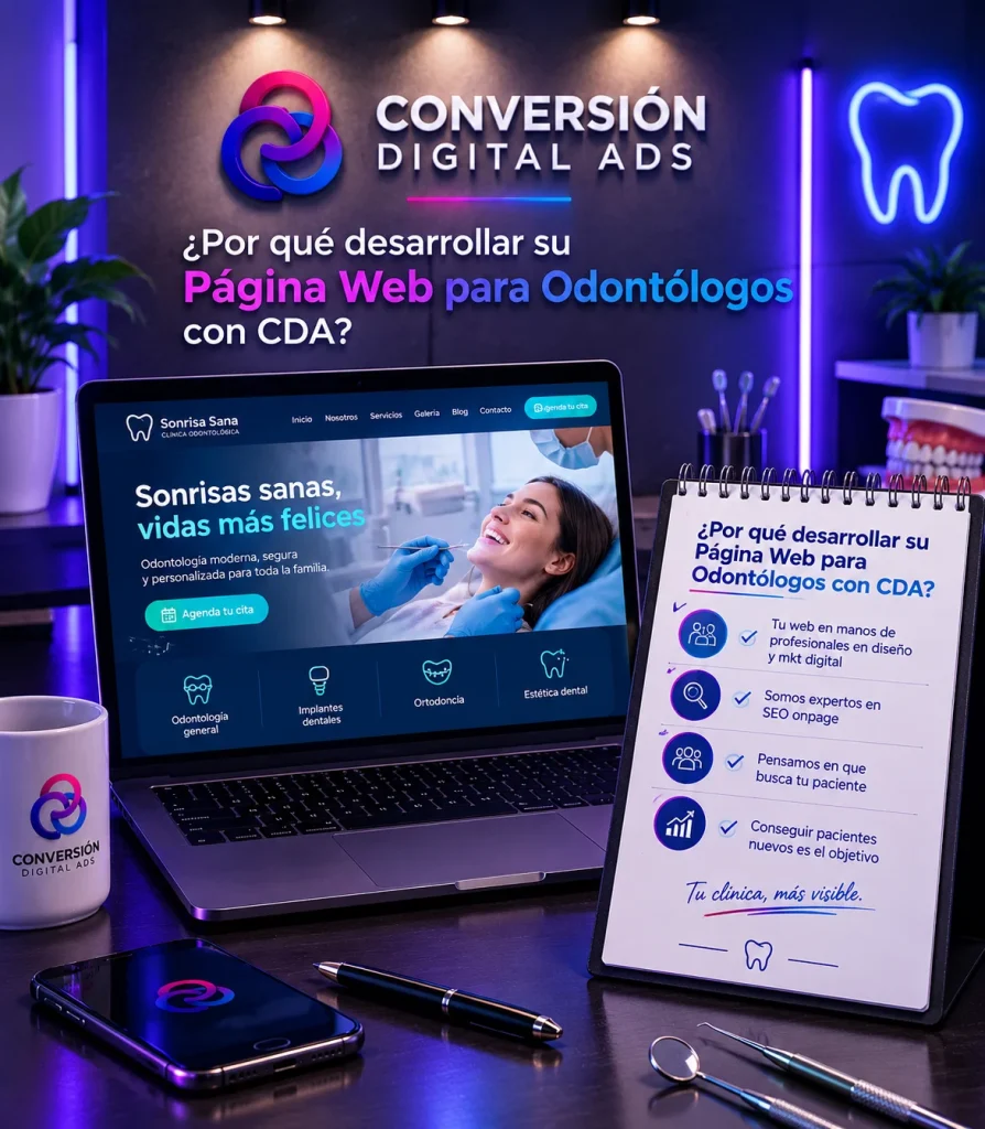 Diseño web para odontólogos con CDA, mostrando una página web para una clínica odontológica y los diferenciales del servicio