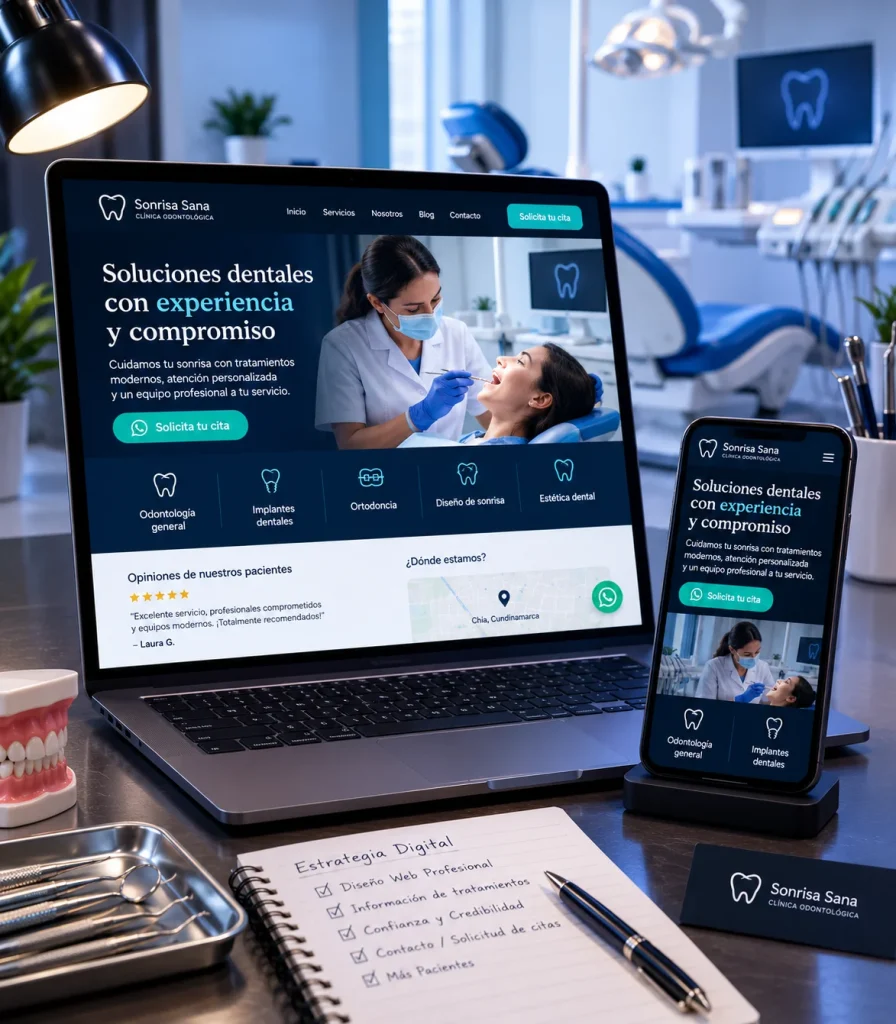 Página web para odontólogos y clínicas odontológicas con diseño adaptable a móviles, presentación de tratamientos y botones para solicitar citas por WhatsApp.